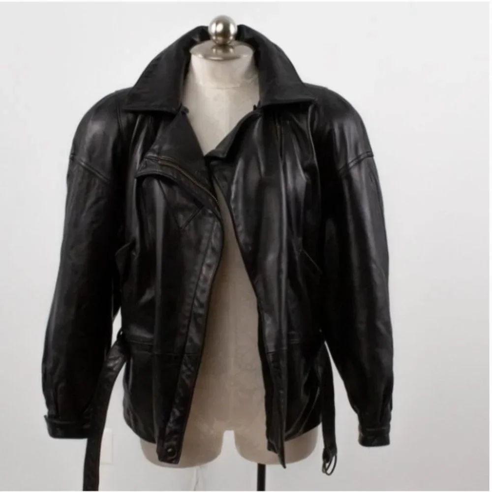 Vintage 80s Black Leather Jacket M Footballer Short Blazer Coat - Picture 10 of 14